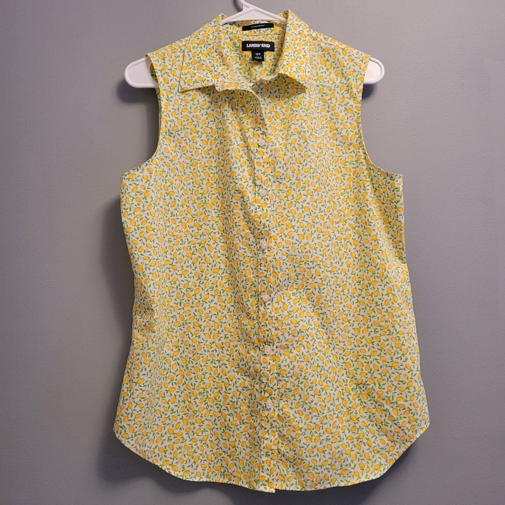Lands' End Lemon Print Blouse Large 100% Cotton Coastal Summer Button Up - Picture 2 of 6